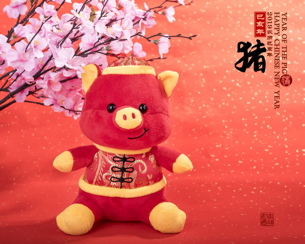 Perinteet Kiinan kangas nukke sika, 2019 on sian vuosi, Kiinan mustat merkit käännös: "sika". Oikeanpuoleinen kiinalainen sanamuoto & tiiviste tarkoittaa: kiinalainen kalenteri year.word sika tarkoittaa hyvää siunausta
 - Valokuva, kuva