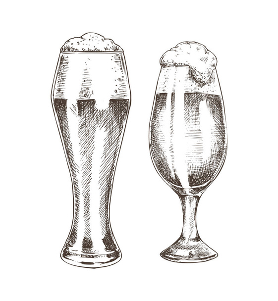 Pair of Beer Goblets with Foamy Ale Graphic Art - Vector, Image