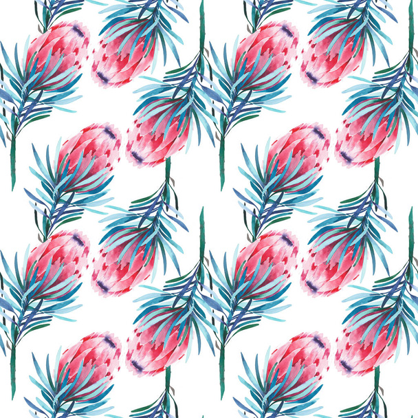 Φωτεινό πράσινο φυτικά τροπικό υπέροχο φλοράλ καλοκαίρι μοτίβο μια εικονογράφηση ακουαρέλα χέρι ροζ λουλούδια του Πρωτέα. Ιδανική λύση για υφάσματα, ταπετσαρίες, πρόσκληση, χαρτί περιτυλίγματος, θήκη τηλεφώνου - Φωτογραφία, εικόνα