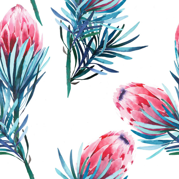 Bright green herbal tropical wonderful floral summer pattern of a pink protea flowers watercolor hand illustration. Perfect for textile, wallpapers, invitation, wrapping paper, phone case - Foto, Bild