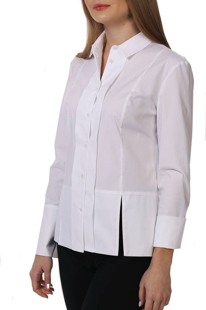 студентка молода жінка з моделлю дівчина в горошок з довгим рукавом формальна блузка і крупним планом фото ізольовані на білому
 - Фото, зображення
