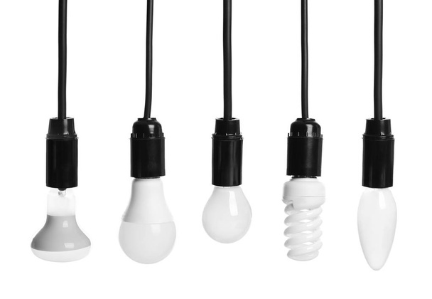 Set con diferentes bombillas sobre fondo blanco
 - Foto, Imagen