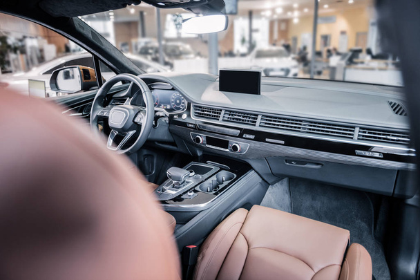 Top view of leather interior in nice big passenger car - Zdjęcie, obraz