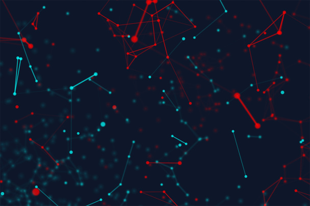 Modré a červené digitální data a síťová připojení trojúhelník čáry a koule v koncept futuristické technologie na černém pozadí, 3d abstraktní ilustrace - Fotografie, Obrázek