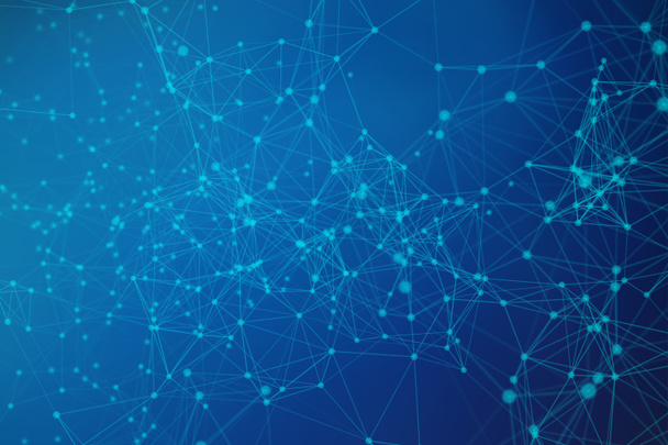 blaue digitale Daten- und Netzwerkverbindungsdreiecklinien und Kugeln in futuristischem Technologiekonzept auf blauem Hintergrund, 3d abstrakte Abbildung - Foto, Bild