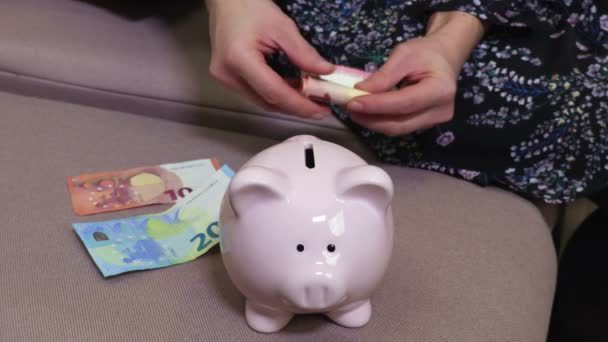  Mulher colocar dinheiro em rosa porquinho banco
 - Filmagem, Vídeo
