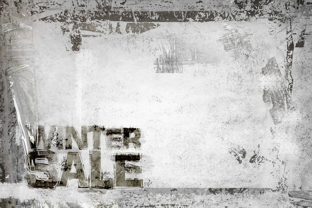 Winter verkoop Grunge achtergrond met grungy frame en resten van plakband en cellofaan. Volledig bewerkbaar. Vuile artistieke ontwerpelement, box, frame voor tekst. Doodle frame. - Foto, afbeelding