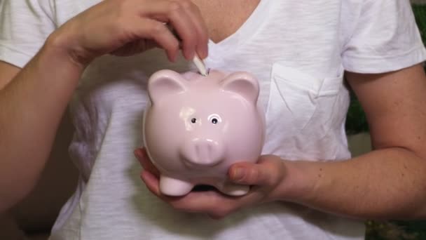 Vrouw zet geld bankbiljetten in piggy bank - Video