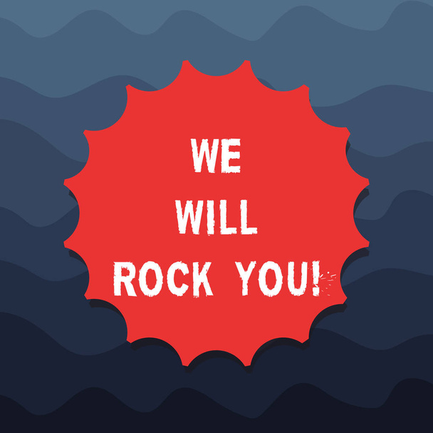 We Will Rock You gösterilen Not yazma. Rockers sloganı müzikal melodi ilham motivasyon etiket amblemi Monogram pul Top Kalite için gölge ile boş mühür vitrine iş fotoğraf. - Fotoğraf, Görsel
