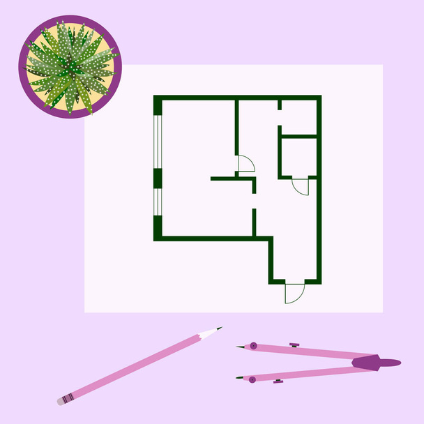 Vector illustration with apartment plan, compass, pencil, cactus. Architecture project. - Vector, Image