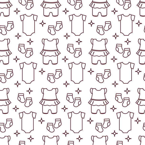 Seamless pattern with baby clothes. Vector illustration with slip, socks, bodysuit. Newborn baby background. - Vector, imagen