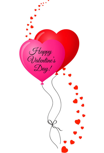Happy Ημέρα του Αγίου Βαλεντίνου ευχετήρια κάρτα με δυο κόκκινα και ροζ καρδιά σχήμα μπαλόνια ηλίου οριοθετείται από κοινού και κάθετη κύμα από πολλές μικρές καρδιές κομφετί. Εικονογράφηση. - Φωτογραφία, εικόνα