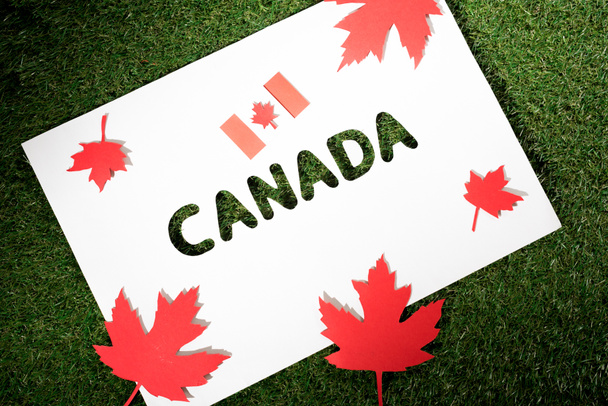 white board with cut out word 'canada' on green grass background  with maple leaves and canadian flag - Фото, изображение
