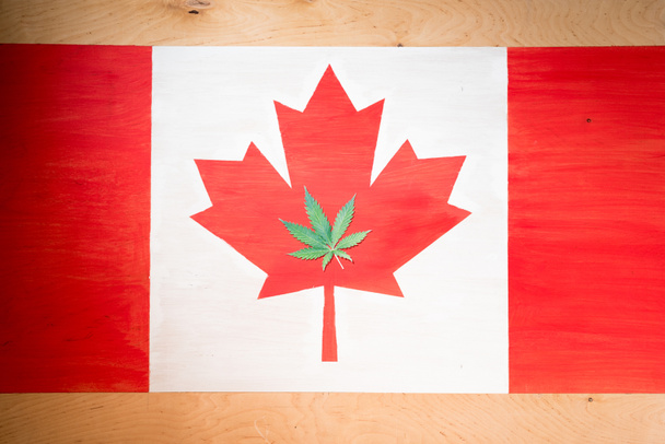 cannabis leaf on canadian flag, marijuana legalization concept - Fotografie, Obrázek