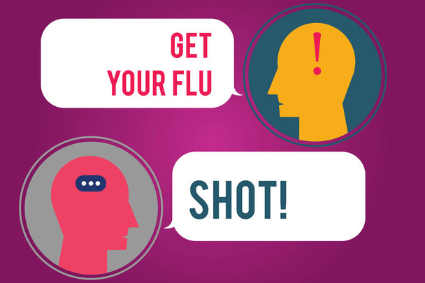 Teksti näyttää Get Your Flu Shot. Käsitteellinen kuva On rokotus välttää sairas immunisaatio Messenger Room Chat Heads Puhe Bubbles välimerkit Mark kuvake
. - Valokuva, kuva
