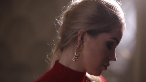 Beautiful fashion model in red dress posing with earrings, attractive luxury girl - Felvétel, videó