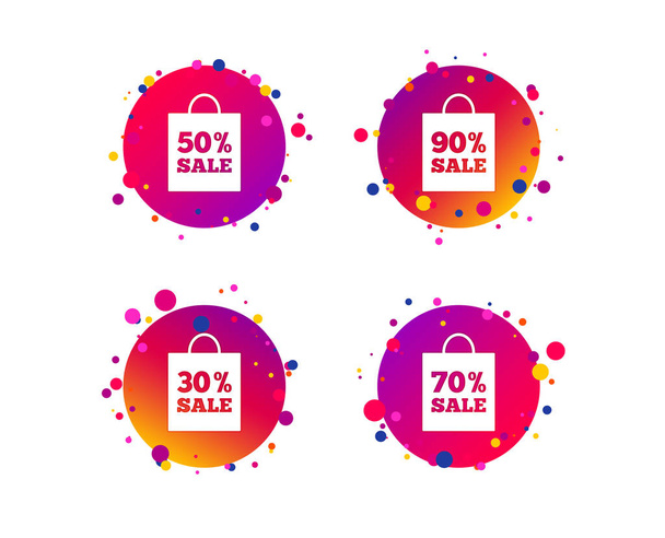 Sale bag tag icons. Discount special offer symbols. 30%, 50%, 70% and 90% percent sale signs. Gradient circle buttons with icons. Random dots design. Vector - ベクター画像