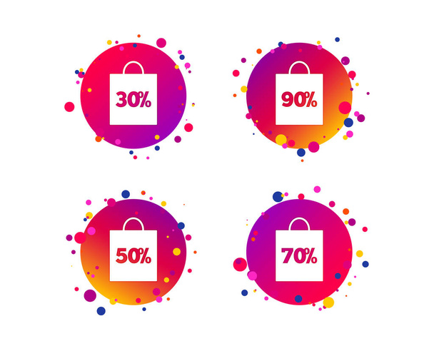 Sale bag tag icons. Discount special offer symbols. 30%, 50%, 70% and 90% percent discount signs. Gradient circle buttons with icons. Random dots design. Vector - ベクター画像