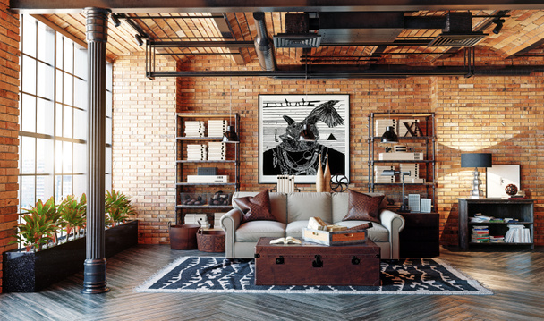 interiér obývacího pokoje moderní loft. Životní styl designu. 3D vykreslování - Fotografie, Obrázek