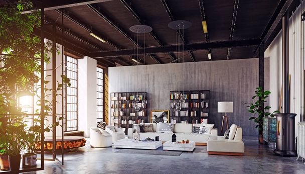 moderno loft sala de estar interior. 3d conceito de design de renderização
 - Foto, Imagem