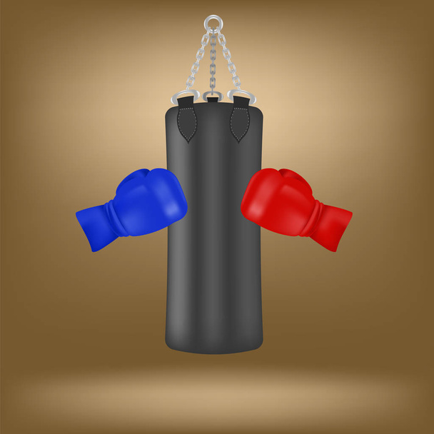 Box kesztyű és elszigetelt barna háttér fekete Sport táska - Fotó, kép