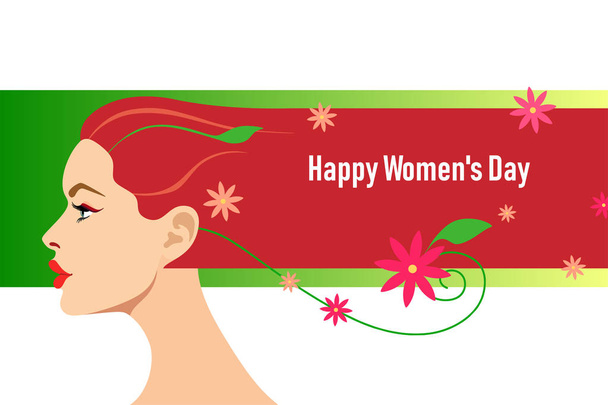 Card for 8 March womens day.Unique and stylized female head with hair turning into a straight thick line, complemented by flowers, leaves and text. Vector illustration of a flat style. - Vektör, Görsel