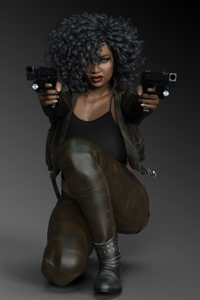 Güzel kentsel fantezi Poc düzgün vücutlu kadın siyah deri ve kot silahlı - Fotoğraf, Görsel