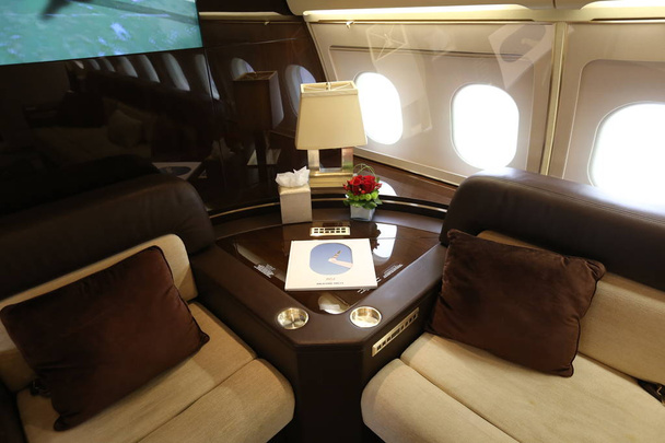 Interior view of the cabin of an Airbus ACJ318 operated by Abu Dhabi's Al Jaber Aviation on display ahead of the 2018 Asian Business Aviation Conference and Exhibition (ABACE 2018) at the Shanghai Hongqiao Airport in Shanghai, China, 16 April 2018 - 写真・画像