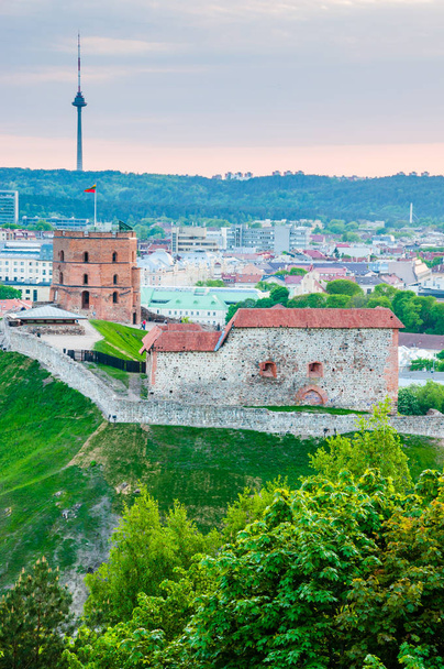 Vilnius, Litvanya - 15 Mayıs 2013: Cityscape manzarası görünümü ünlü Gediminas kale karmaşık ve üç haçlar Hill panoramik bakış açısından arka plan üzerinde tv Kulesi - Fotoğraf, Görsel