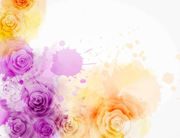 Abstract background with watercolor colorful splashes and rose flowers. Purple and orange colored. Template for your designs, such as wedding invitation, greeting card, posters, etc. - Vektor, obrázek
