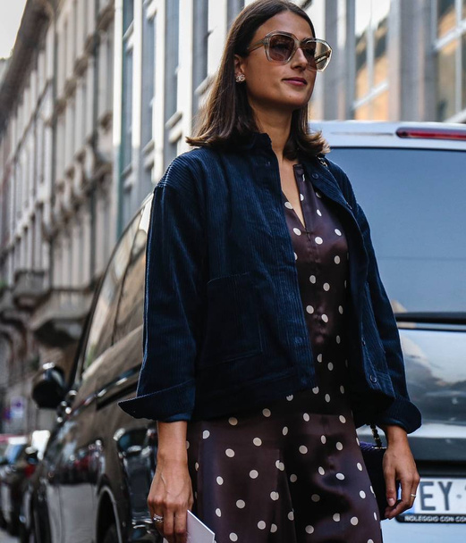 MILAN, Italy- September 20 2018: Julia Haghjoo on the street during the Milan Fashion Week. - Фото, изображение