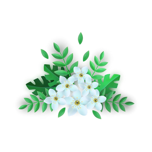 Vector spring white flowers with leaves pattern - Vector, afbeelding