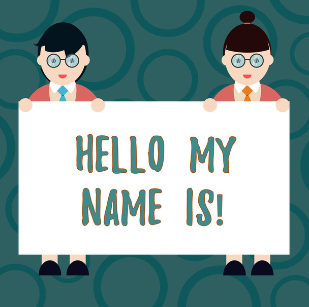 Kirjoitan lapun, jossa näkyy Hello My Name Is. Business valokuva esittelee itsesi uusia osoittaa työntekijöiden esittely Mies ja nainen Uniform Holding Placard Banner Tekstitila
. - Valokuva, kuva
