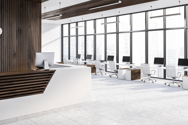 Side view of reception table with computer standing in modern office with panoramic windows and row of computer tables near it. 3d rendering - Photo, Image