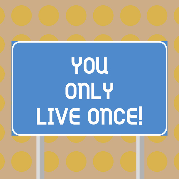 Word writing text You Only Live Once. Business concept for Seize the day and be happy motivated enjoy life Blank Rectangular Outdoor Color Signpost photo with Two leg and Outline. - Photo, Image