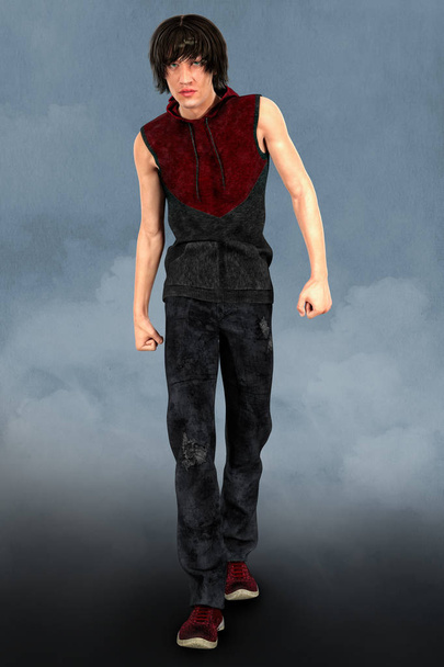 Male 3D urban fantasy paranormal character in an assertive pose with clenched fists. This figure is rendered in a softer illustrative style particularly suited to book cover art and a range of artwork uses. One of a series. - Фото, изображение