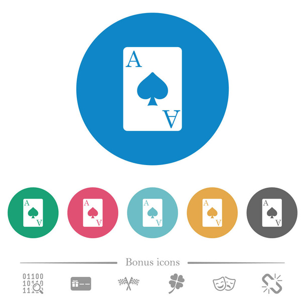 Ace of spades card flat white icons on round color backgrounds. 6 bonus icons included. - Vector, Image