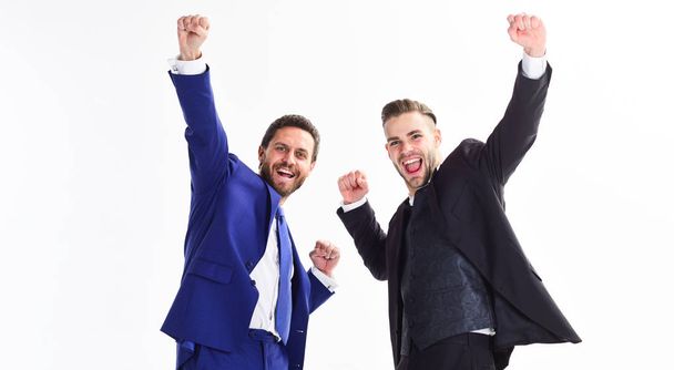 Business partners celebrate success. Business achievement concept. Office party. Celebrate successful deal. Men happy emotional celebrate profitable deal. Launch own business. Business success - 写真・画像