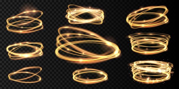 Set Golden glowing shiny spiral lines and circle light effect.  Abstract Glowing light fire ring trace. Magic sparkle circle light collection on transparent background. Vector illuastration. - Vector, Image