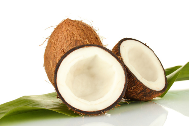 coconuts with green leaf on white background close-up - Φωτογραφία, εικόνα