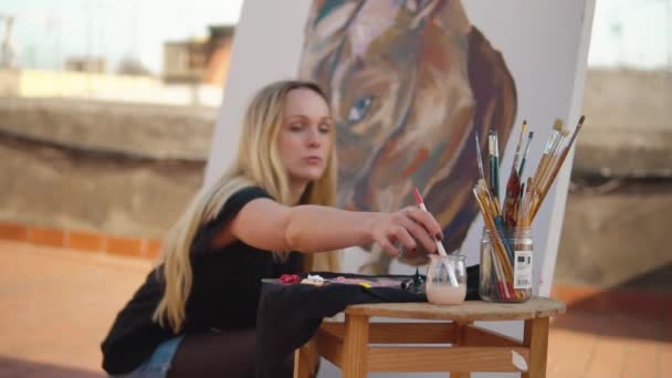 Νεαρή γυναίκα καλλιτέχνης χρώμα σχεδίου στο σπίτι στέγη - Πλάνα, βίντεο
