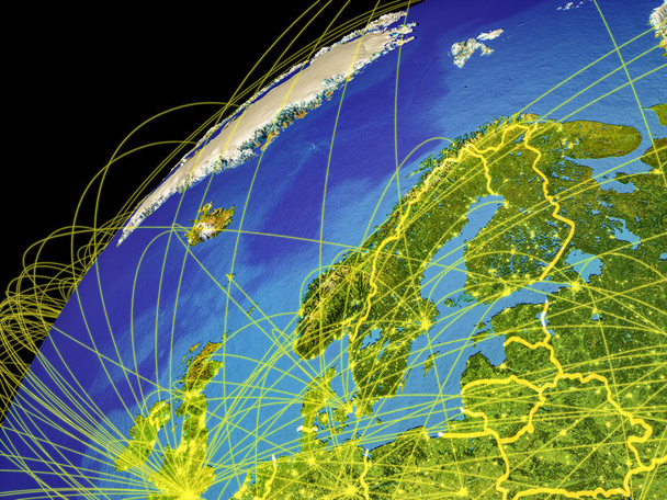 Norte da Europa a partir do espaço na Terra com linhas que representam conexões internacionais, comunicação, viagens. Ilustração 3D. Elementos desta imagem fornecidos pela NASA
. - Foto, Imagem