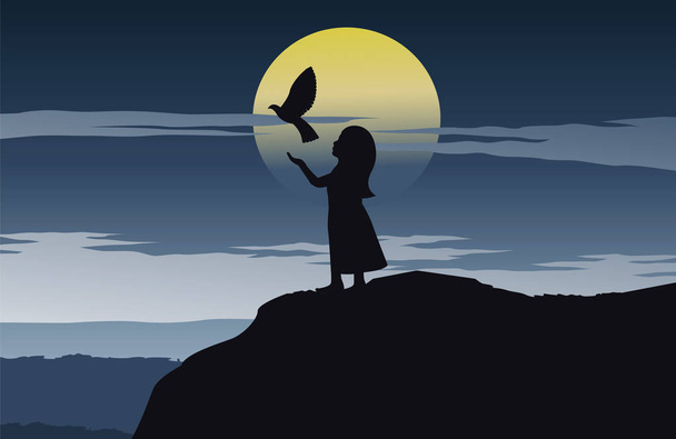 Dziewczyna ustawić ptak wolność stoisko na klifie na cichy wieczór i pełni księżyca, ilustracji wektorowych - Wektor, obraz