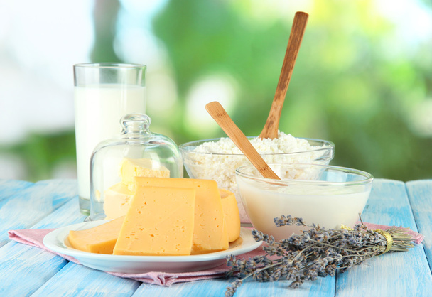Glass of milk and cheese on natural background - Fotografie, Obrázek