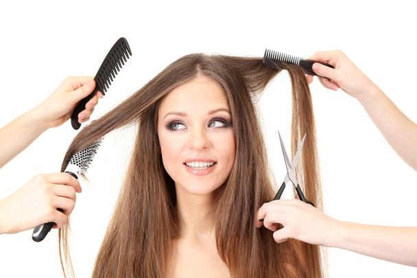 Woman with long hair in beauty salon, isolated on white - Φωτογραφία, εικόνα