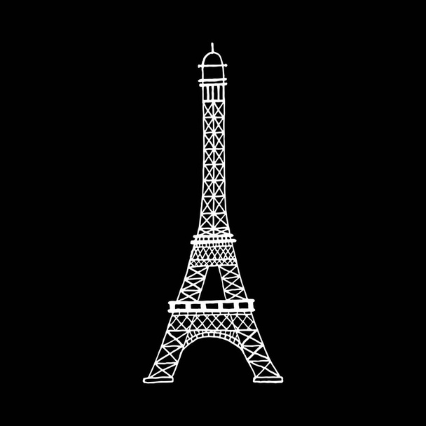 Vector hand drawn white Eiffel tower on black background. Vector hand drawn illustration. - Vector, Image