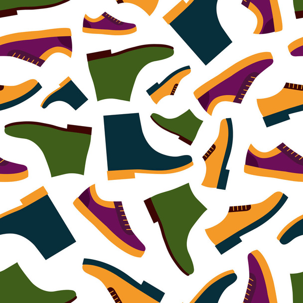 Patrón sin costura vectorial con diferentes tipos de zapatos de hombre coloridos
. - Vector, Imagen