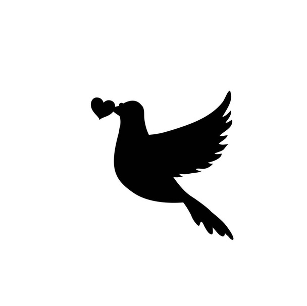   zwarte silhouet van vliegende duif met hart in bek op witte achtergrond. Duif van vrede pictogram. Love bird teken, symbool concept, illustraties voor bruiloft, valentines uitnodiging, scrapbooking onderdeel - Foto, afbeelding