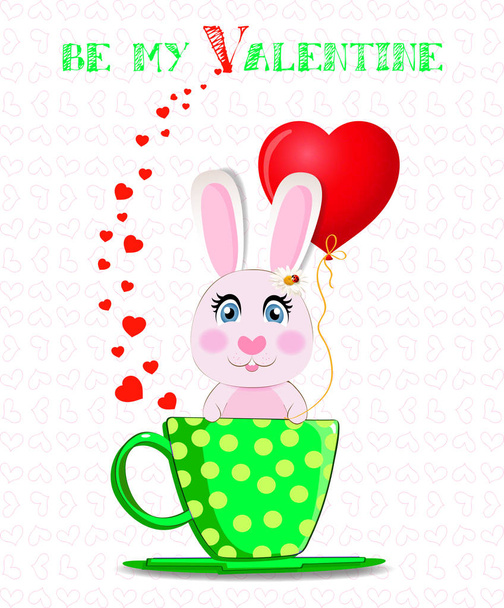 Будь моєю листівкою для святого Валентина з милим мультиплікаційним кроликом, який тримає червону кульку серця, сидячи в зеленій чашці з жовтими крапками і сердечками на білому тлі. ілюстрація
. - Фото, зображення
