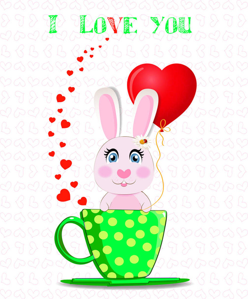 かわいい漫画のウサギ水玉、ハートの周りに紙吹雪と白い背景であなたを愛して本文グリーン カップに座って赤いハートのバルーンを保持しているグリーティング カード。バレンタイン イラスト. - 写真・画像